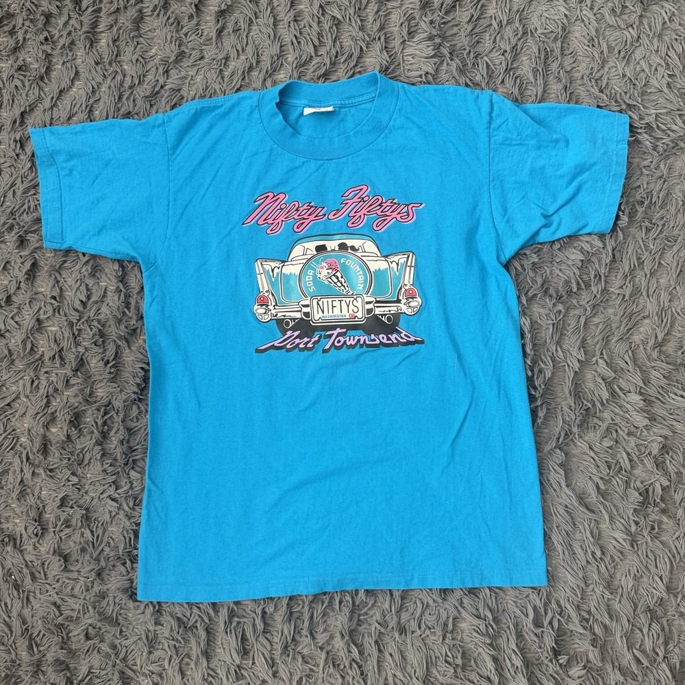 Vintage 90s Nifty Fiftys Soda Fountain Graphic Tshirt Blue Men's Size Large